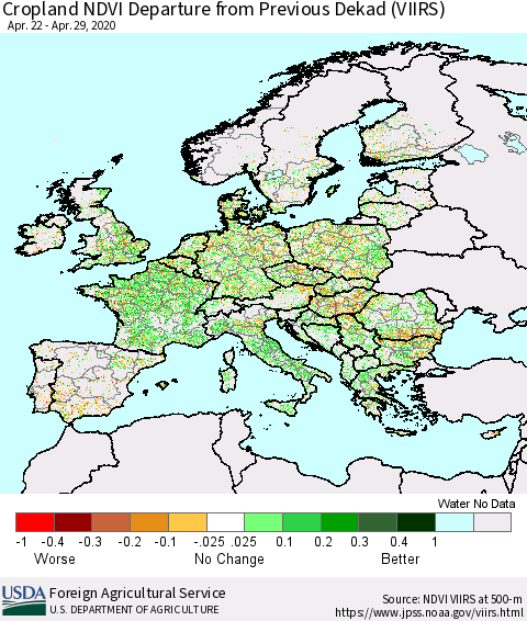 Europe Cropland NDVI Departure from Previous Dekad (VIIRS) Thematic Map For 4/21/2020 - 4/30/2020