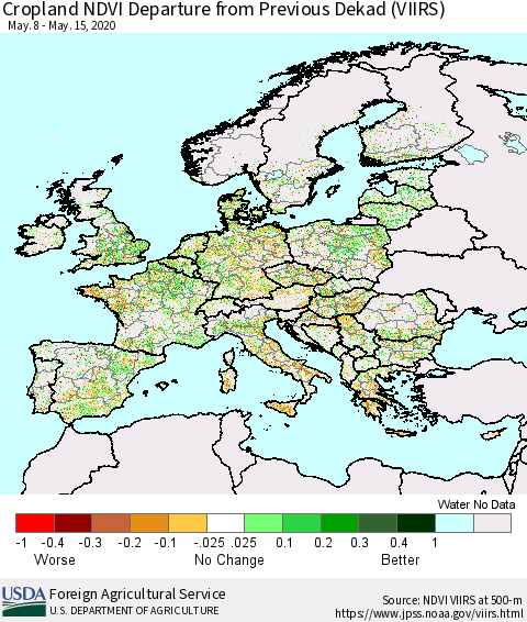Europe Cropland NDVI Departure from Previous Dekad (VIIRS) Thematic Map For 5/11/2020 - 5/20/2020
