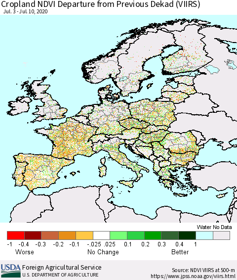 Europe Cropland NDVI Departure from Previous Dekad (VIIRS) Thematic Map For 7/1/2020 - 7/10/2020
