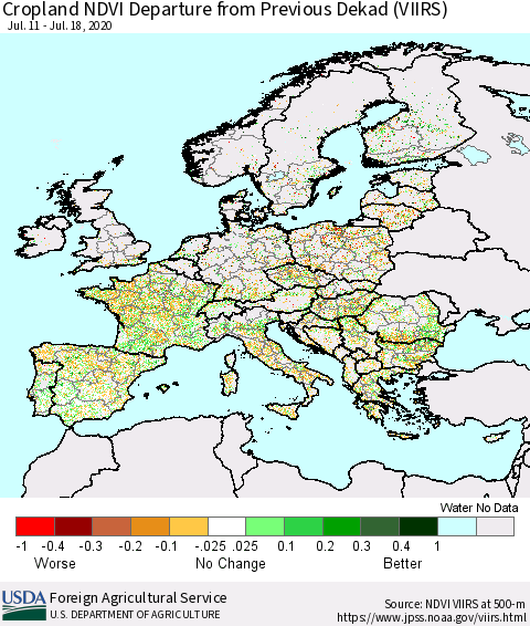 Europe Cropland NDVI Departure from Previous Dekad (VIIRS) Thematic Map For 7/11/2020 - 7/20/2020
