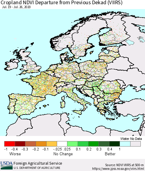 Europe Cropland NDVI Departure from Previous Dekad (VIIRS) Thematic Map For 7/21/2020 - 7/31/2020