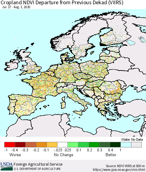 Europe Cropland NDVI Departure from Previous Dekad (VIIRS) Thematic Map For 8/1/2020 - 8/10/2020