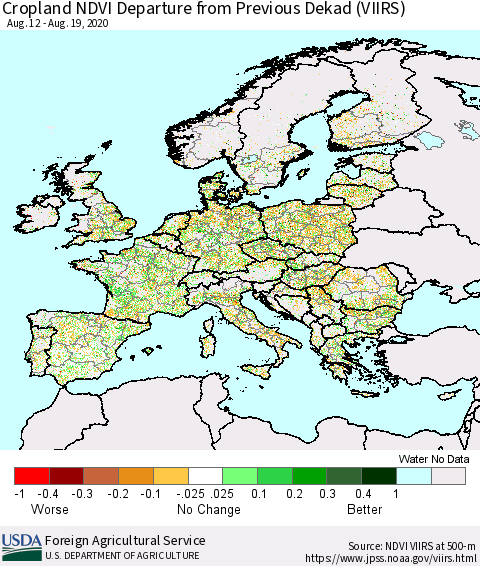 Europe Cropland NDVI Departure from Previous Dekad (VIIRS) Thematic Map For 8/11/2020 - 8/20/2020