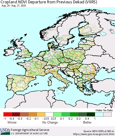 Europe Cropland NDVI Departure from Previous Dekad (VIIRS) Thematic Map For 8/21/2020 - 8/31/2020