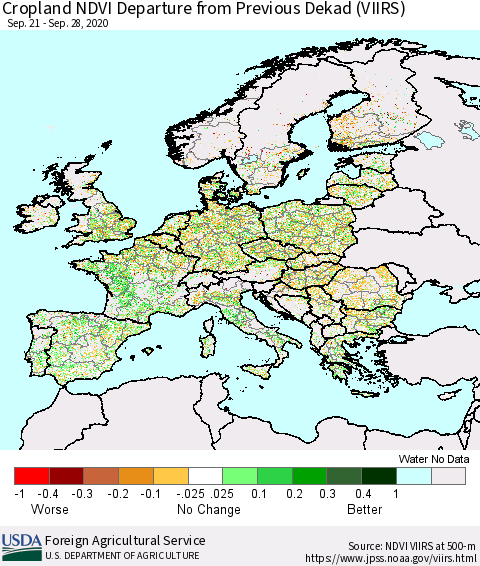 Europe Cropland NDVI Departure from Previous Dekad (VIIRS) Thematic Map For 9/21/2020 - 9/30/2020