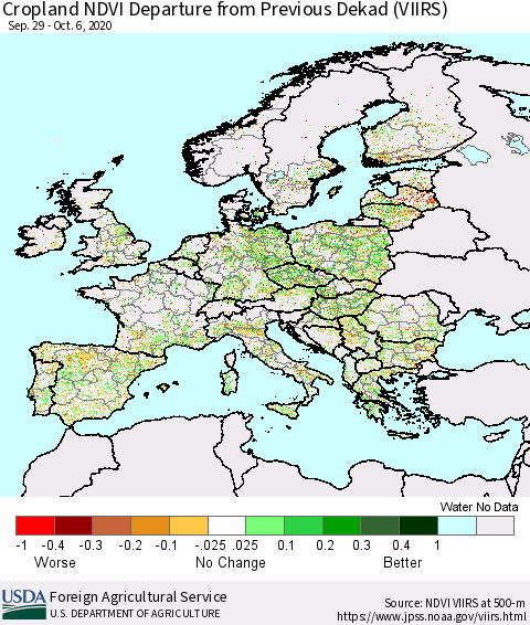 Europe Cropland NDVI Departure from Previous Dekad (VIIRS) Thematic Map For 10/1/2020 - 10/10/2020