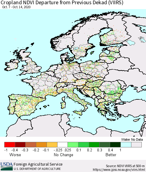 Europe Cropland NDVI Departure from Previous Dekad (VIIRS) Thematic Map For 10/11/2020 - 10/20/2020