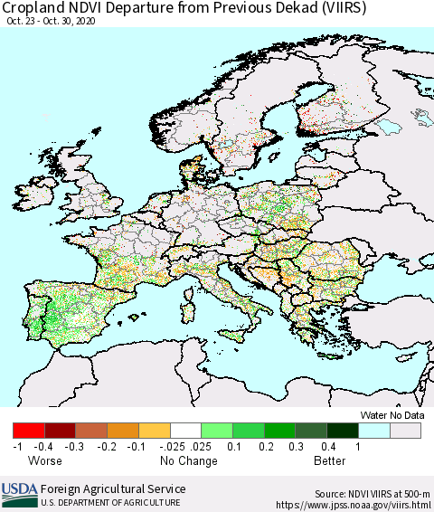 Europe Cropland NDVI Departure from Previous Dekad (VIIRS) Thematic Map For 10/21/2020 - 10/31/2020