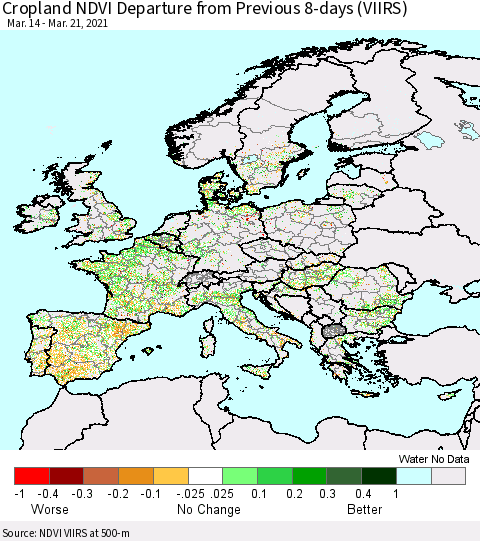 Europe Cropland NDVI Departure from Previous 8-days (VIIRS) Thematic Map For 3/14/2021 - 3/21/2021