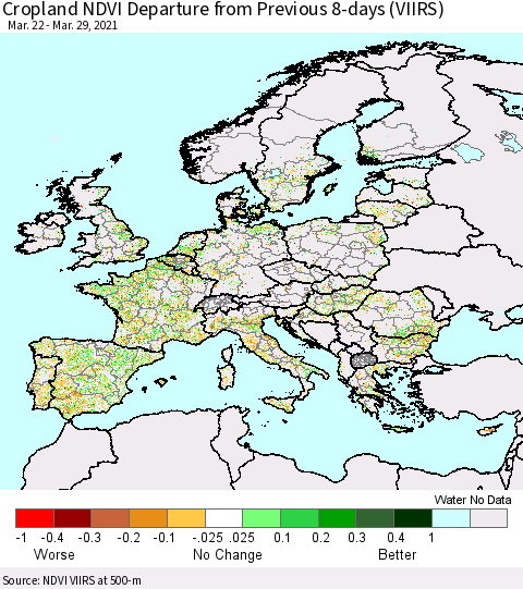 Europe Cropland NDVI Departure from Previous 8-days (VIIRS) Thematic Map For 3/22/2021 - 3/29/2021