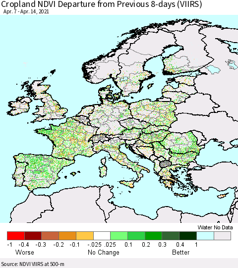 Europe Cropland NDVI Departure from Previous 8-days (VIIRS) Thematic Map For 4/7/2021 - 4/14/2021