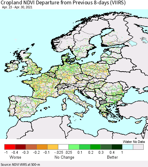 Europe Cropland NDVI Departure from Previous 8-days (VIIRS) Thematic Map For 4/23/2021 - 4/30/2021