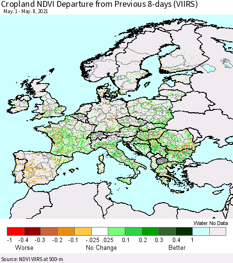 Europe Cropland NDVI Departure from Previous 8-days (VIIRS) Thematic Map For 5/1/2021 - 5/8/2021