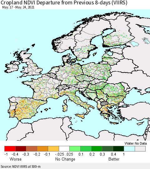 Europe Cropland NDVI Departure from Previous 8-days (VIIRS) Thematic Map For 5/17/2021 - 5/24/2021