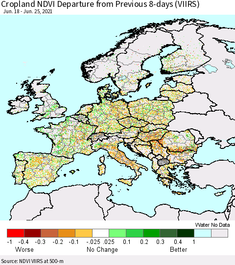 Europe Cropland NDVI Departure from Previous 8-days (VIIRS) Thematic Map For 6/18/2021 - 6/25/2021