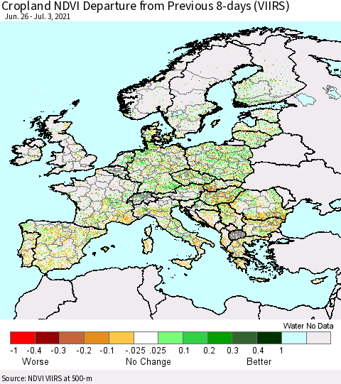 Europe Cropland NDVI Departure from Previous 8-days (VIIRS) Thematic Map For 6/26/2021 - 7/3/2021