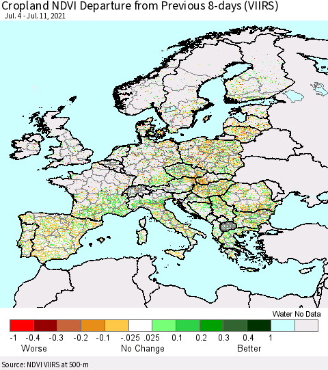 Europe Cropland NDVI Departure from Previous 8-days (VIIRS) Thematic Map For 7/4/2021 - 7/11/2021