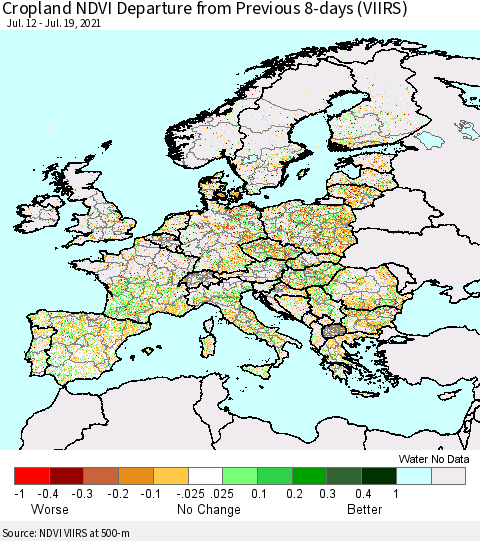 Europe Cropland NDVI Departure from Previous 8-days (VIIRS) Thematic Map For 7/12/2021 - 7/19/2021