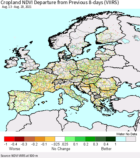 Europe Cropland NDVI Departure from Previous 8-days (VIIRS) Thematic Map For 8/13/2021 - 8/20/2021