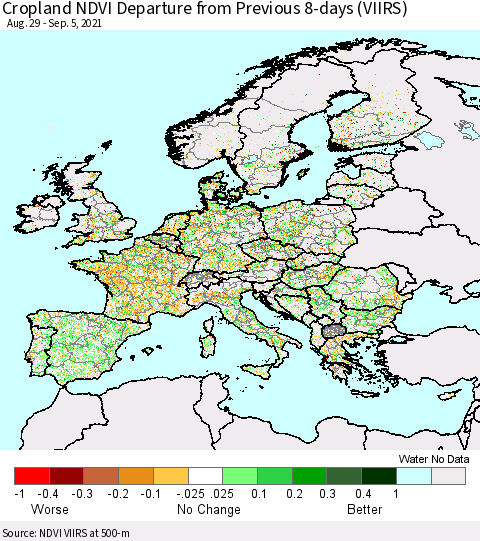 Europe Cropland NDVI Departure from Previous 8-days (VIIRS) Thematic Map For 8/29/2021 - 9/5/2021