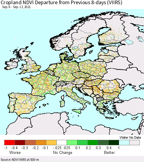 Europe Cropland NDVI Departure from Previous 8-days (VIIRS) Thematic Map For 9/6/2021 - 9/13/2021