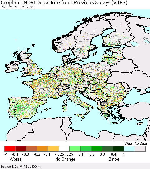Europe Cropland NDVI Departure from Previous 8-days (VIIRS) Thematic Map For 9/22/2021 - 9/29/2021