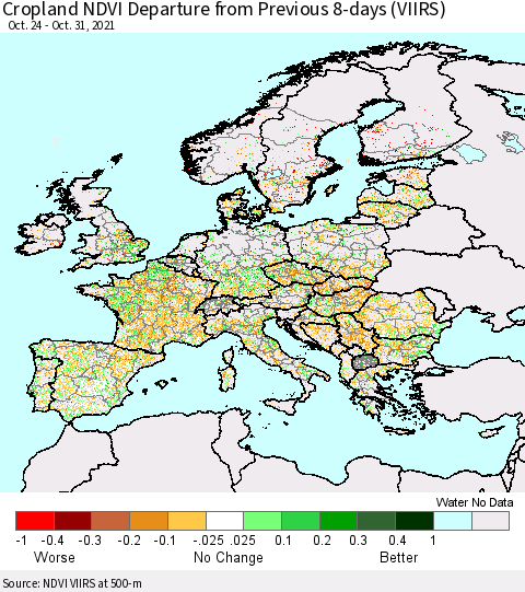 Europe Cropland NDVI Departure from Previous 8-days (VIIRS) Thematic Map For 10/24/2021 - 10/31/2021