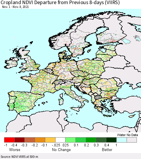 Europe Cropland NDVI Departure from Previous 8-days (VIIRS) Thematic Map For 11/1/2021 - 11/8/2021