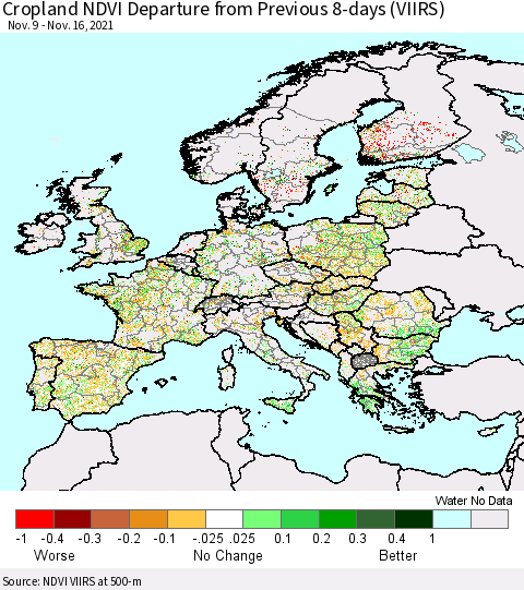 Europe Cropland NDVI Departure from Previous 8-days (VIIRS) Thematic Map For 11/9/2021 - 11/16/2021