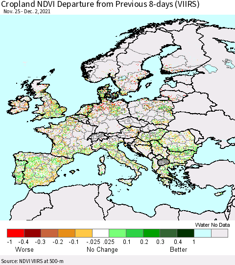 Europe Cropland NDVI Departure from Previous 8-days (VIIRS) Thematic Map For 11/25/2021 - 12/2/2021