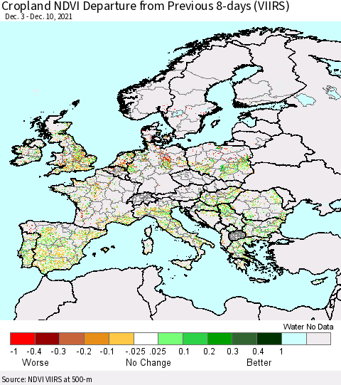 Europe Cropland NDVI Departure from Previous 8-days (VIIRS) Thematic Map For 12/3/2021 - 12/10/2021