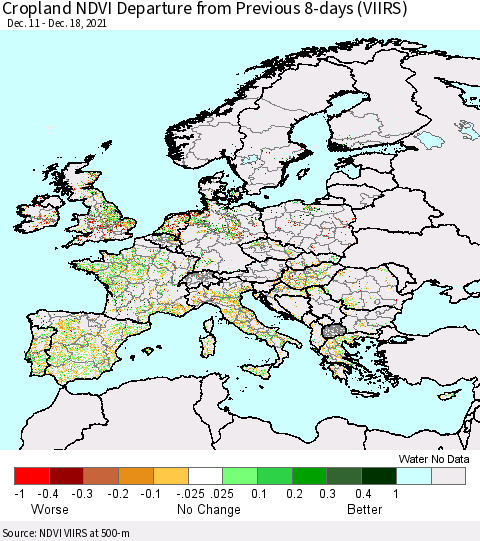 Europe Cropland NDVI Departure from Previous 8-days (VIIRS) Thematic Map For 12/11/2021 - 12/18/2021