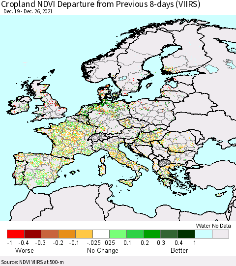 Europe Cropland NDVI Departure from Previous 8-days (VIIRS) Thematic Map For 12/19/2021 - 12/26/2021
