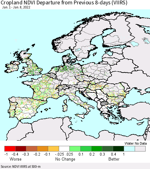 Europe Cropland NDVI Departure from Previous 8-days (VIIRS) Thematic Map For 1/1/2022 - 1/8/2022