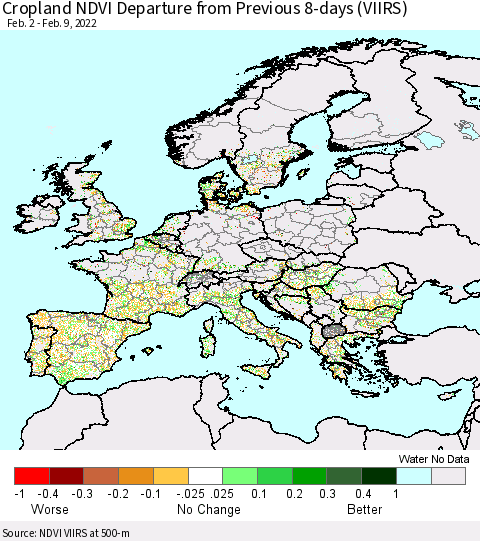 Europe Cropland NDVI Departure from Previous 8-days (VIIRS) Thematic Map For 2/2/2022 - 2/9/2022