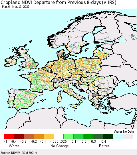 Europe Cropland NDVI Departure from Previous 8-days (VIIRS) Thematic Map For 3/6/2022 - 3/13/2022