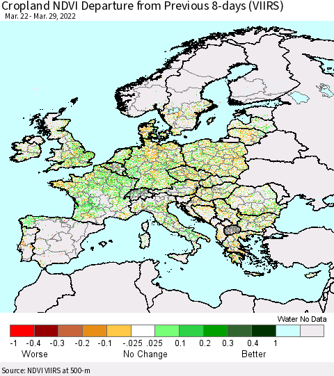 Europe Cropland NDVI Departure from Previous 8-days (VIIRS) Thematic Map For 3/22/2022 - 3/29/2022