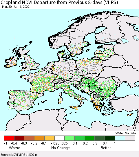 Europe Cropland NDVI Departure from Previous 8-days (VIIRS) Thematic Map For 3/30/2022 - 4/6/2022