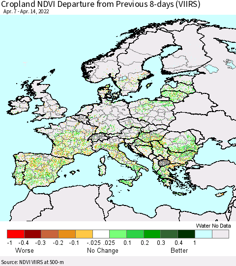 Europe Cropland NDVI Departure from Previous 8-days (VIIRS) Thematic Map For 4/7/2022 - 4/14/2022