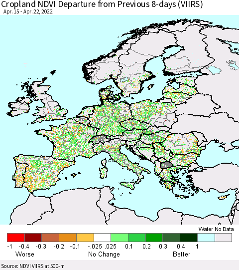 Europe Cropland NDVI Departure from Previous 8-days (VIIRS) Thematic Map For 4/15/2022 - 4/22/2022
