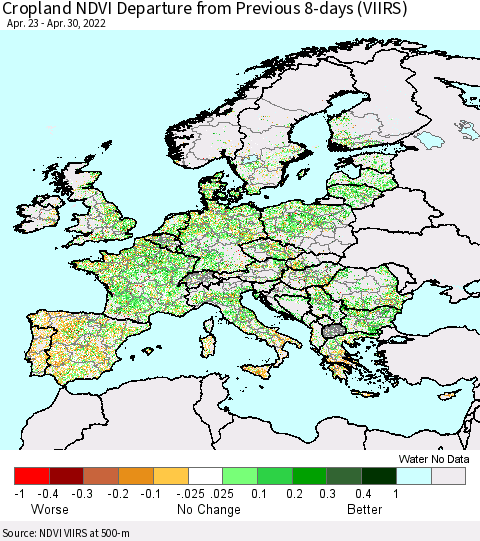 Europe Cropland NDVI Departure from Previous 8-days (VIIRS) Thematic Map For 4/23/2022 - 4/30/2022