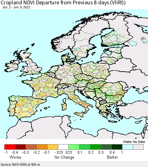 Europe Cropland NDVI Departure from Previous 8-days (VIIRS) Thematic Map For 6/2/2022 - 6/9/2022