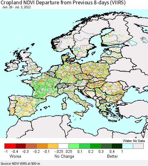 Europe Cropland NDVI Departure from Previous 8-days (VIIRS) Thematic Map For 6/26/2022 - 7/3/2022