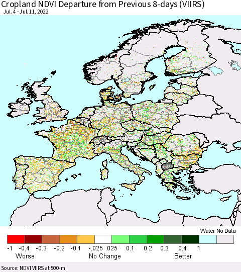 Europe Cropland NDVI Departure from Previous 8-days (VIIRS) Thematic Map For 7/4/2022 - 7/11/2022