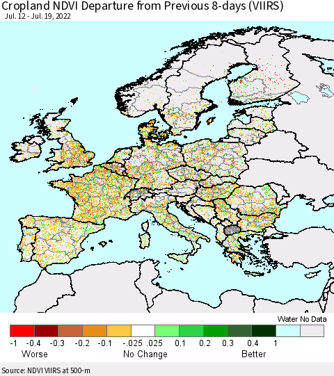 Europe Cropland NDVI Departure from Previous 8-days (VIIRS) Thematic Map For 7/12/2022 - 7/19/2022