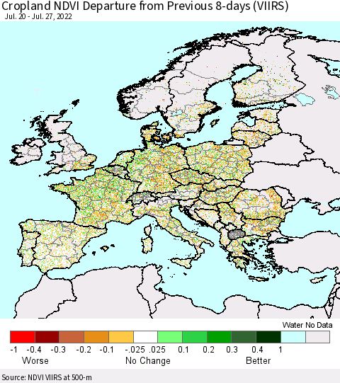 Europe Cropland NDVI Departure from Previous 8-days (VIIRS) Thematic Map For 7/20/2022 - 7/27/2022