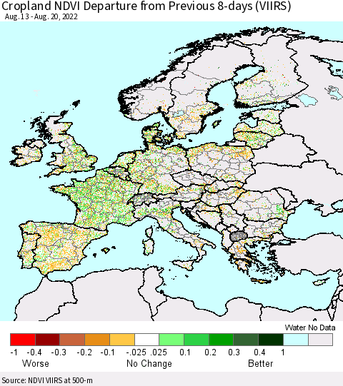 Europe Cropland NDVI Departure from Previous 8-days (VIIRS) Thematic Map For 8/13/2022 - 8/20/2022