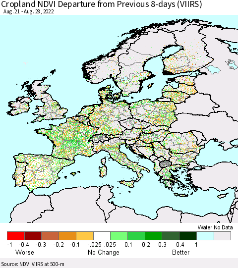 Europe Cropland NDVI Departure from Previous 8-days (VIIRS) Thematic Map For 8/21/2022 - 8/28/2022