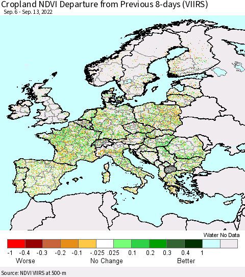 Europe Cropland NDVI Departure from Previous 8-days (VIIRS) Thematic Map For 9/6/2022 - 9/13/2022