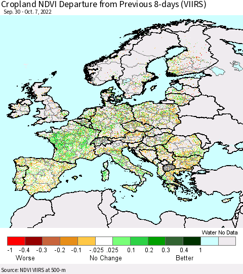 Europe Cropland NDVI Departure from Previous 8-days (VIIRS) Thematic Map For 9/30/2022 - 10/7/2022